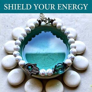 Hamsa Hand ~ Blessing Bracelet! Blue Crystal + Rose Beads & Howlite + Gunmetal